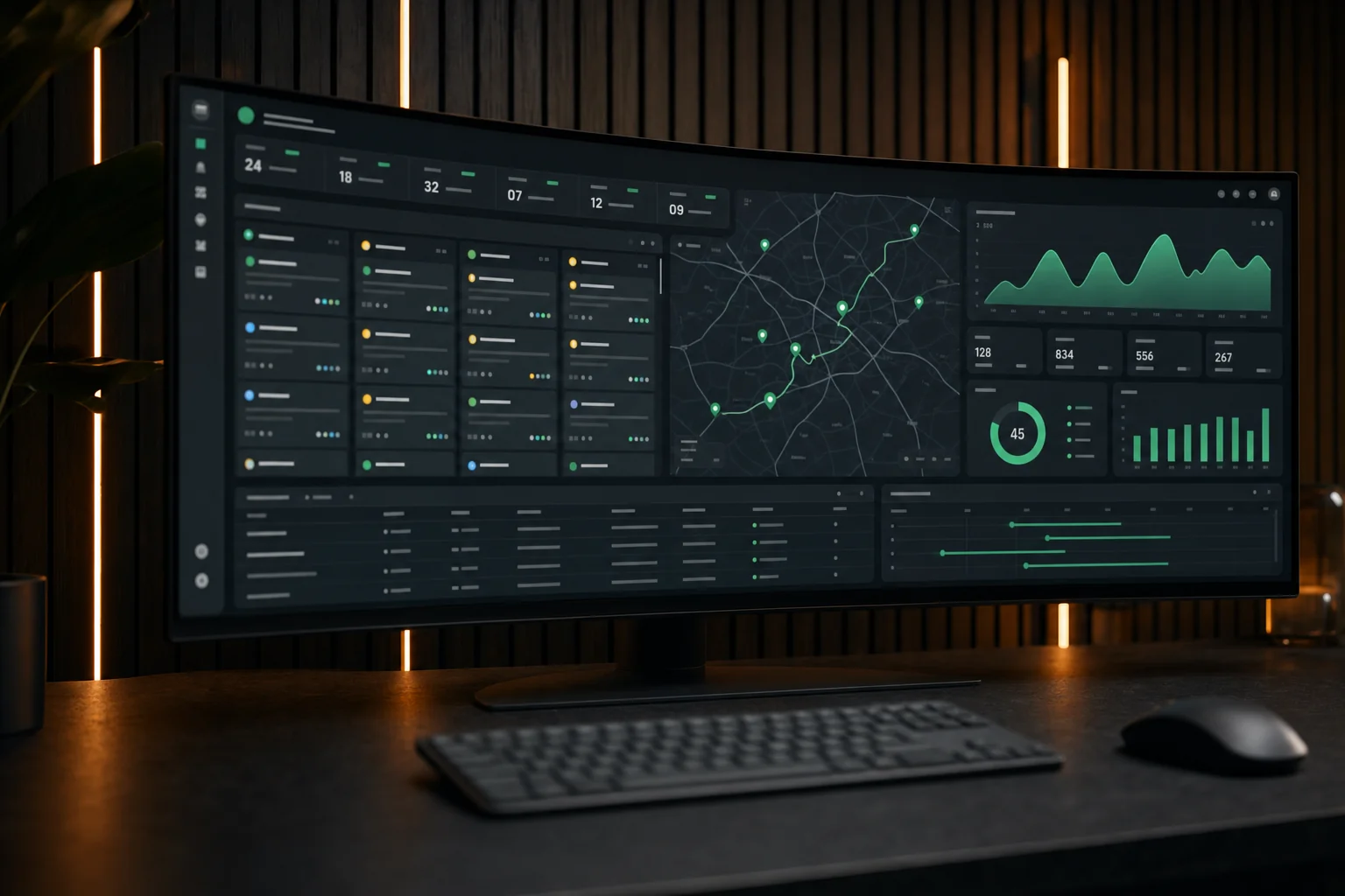 Painel de gestão de ordens de serviço em monitor ultrawide