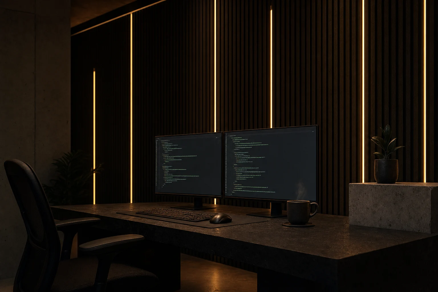 Estúdio de desenvolvimento com monitores exibindo código